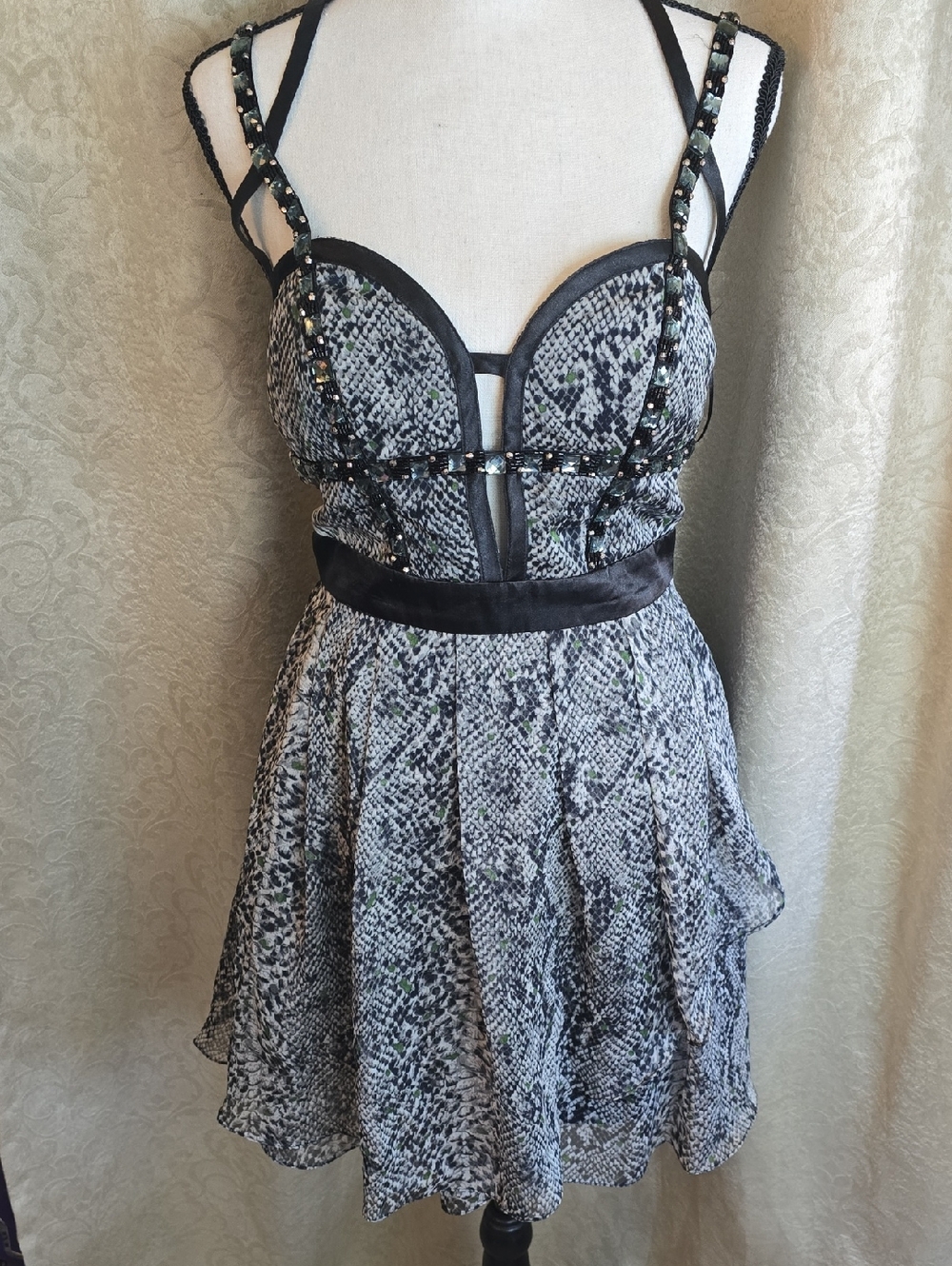 Snake-Print Mini Dress with Studded Straps - Black & Gray